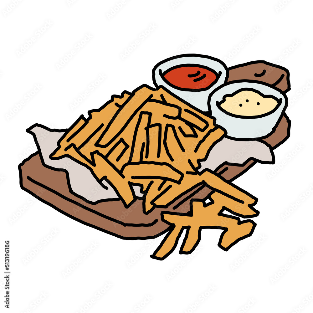 Naklejka premium Crispy crunchy tasty French fries. Junk food for restaurant menu. Fried potatoes pommes frites unhealthy fast food. Hand drawn colorful illustration. Comics cartoon drawing.