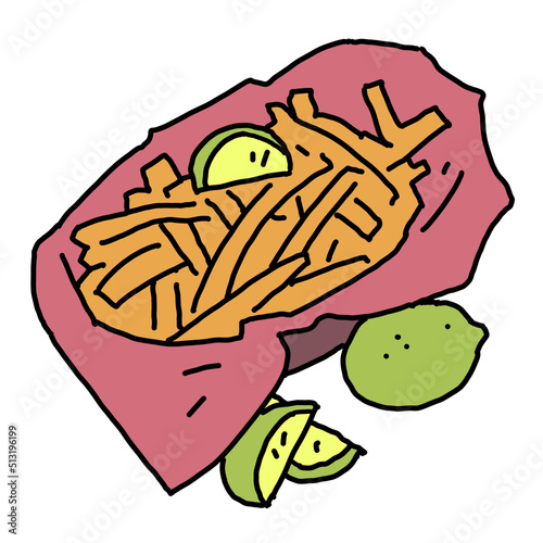 Crispy crunchy tasty French fries. Junk food for restaurant menu. Fried potatoes pommes frites unhealthy fast food. Hand drawn colorful illustration. Comics cartoon drawing.