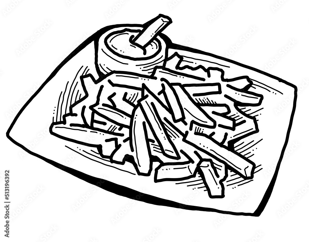 Fototapeta premium Crispy crunchy tasty French fries. Junk food for restaurant menu. Fried potatoes pommes frites unhealthy fast food. Hand drawn retro vintage old style vector illustration. Comics cartoon drawing.