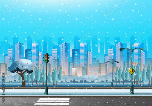 Winter vector background. City  skyscrapers and road covered in snow.