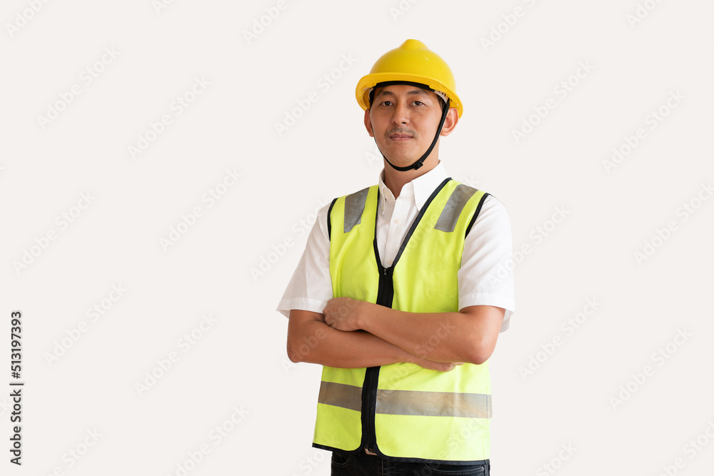 young asian civil engineer helmet hard hat standing showing thumbs up on isolated white background. Mechanic service concept young asian civil engineer helmet hard hat standing showing thumbs up on isolated white background. Mechanic service concept