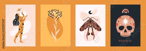 Set of mystical themed vertical cards templates. Witchcraft collection hand drawn vector illustrations.
