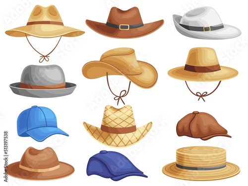 Male summer hats. Man headgear, cowboy straw head accessories and peaked hat cartoon vector set