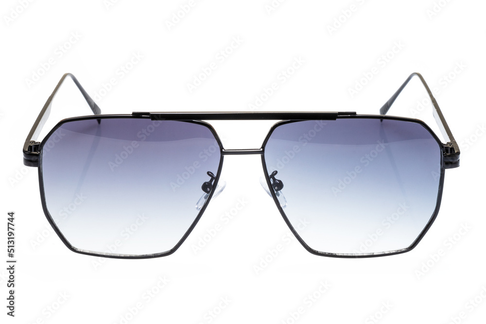 okulary przeciwsłoneczne niebieskie w czarnych oprawkach na białym tle - obrazy, fototapety, plakaty 