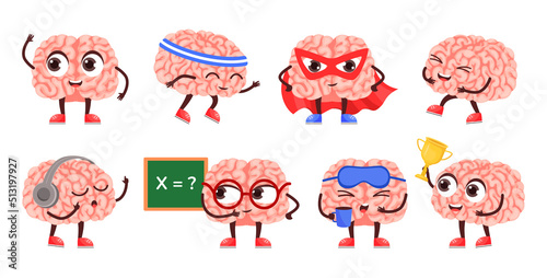 Brain character. Happy smart mascot, super hero mind and intellectual cartoon vector Illustration set