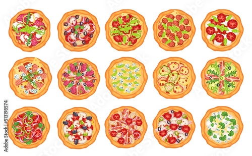 Top view pizza. Different Italian pizzas, margherita with mozzarella cheese and tomatoes slices, pepperoni with basil cartoon vector set