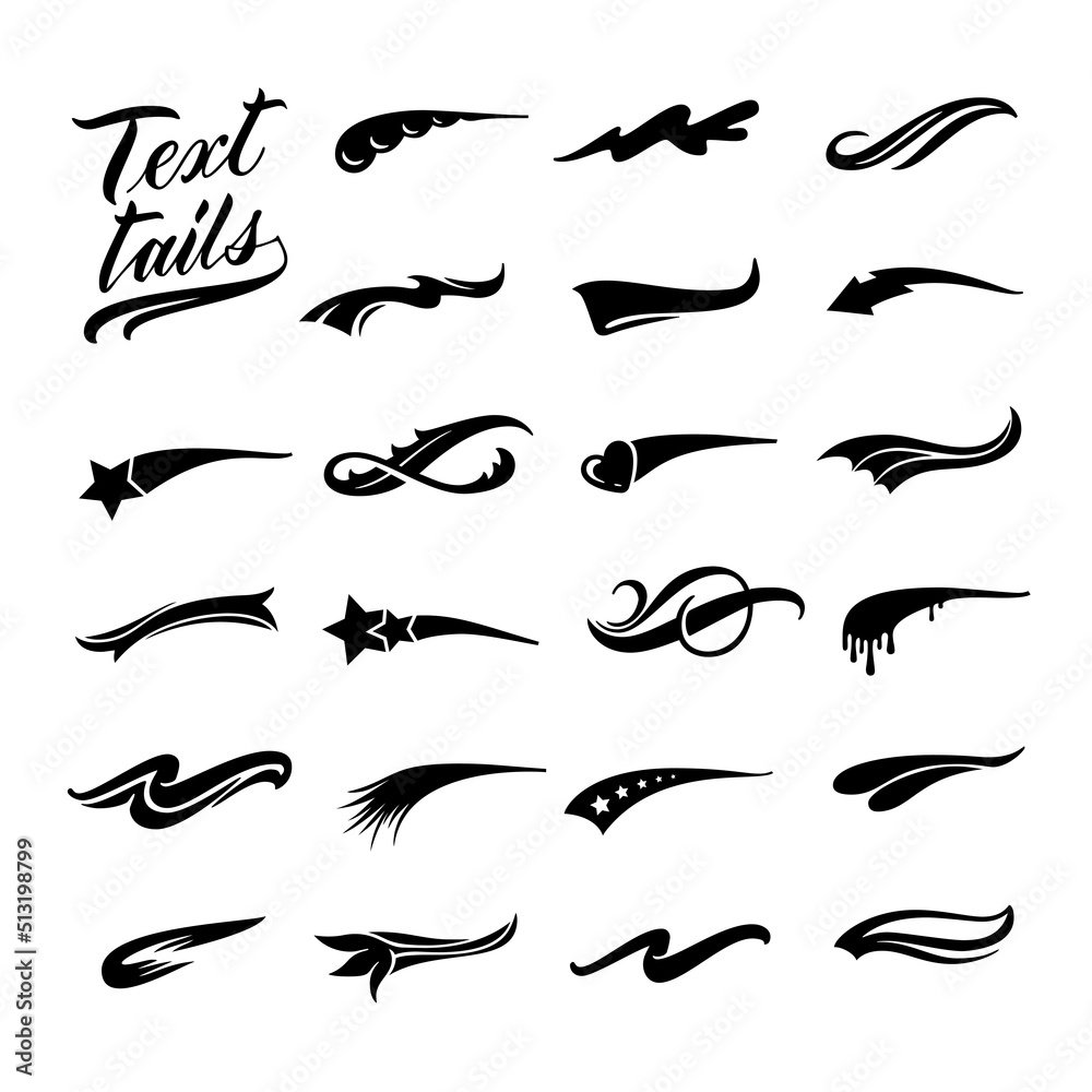 Text tails. Calligraphic swoosh, retro decorative swish line and underline curl for baseball sport emblem design vector set Text tails. Calligraphic swoosh, retro decorative swish line and underline curl for baseball sport emblem design vector set