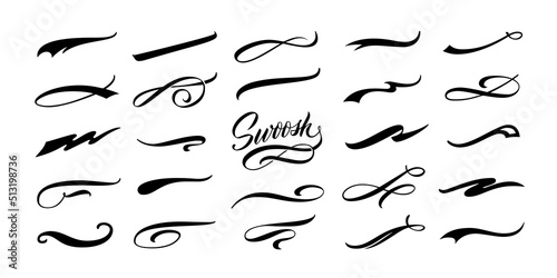 Calligraphic swoosh. Decoration swish symbols, retro underline swooshes tails and athletic typography text underlining vector set photo