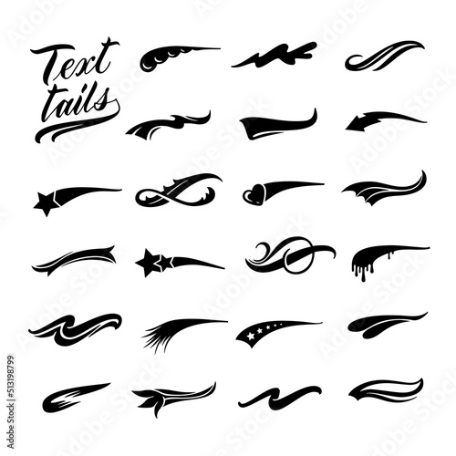 Text tails. Calligraphic swoosh, retro decorative swish line and underline curl for baseball sport emblem design vector set
