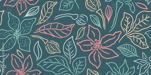 VECTOR HORIZONTAL SEAMLESS TURQUOISE FLORAL PATTERN WITH LILIES