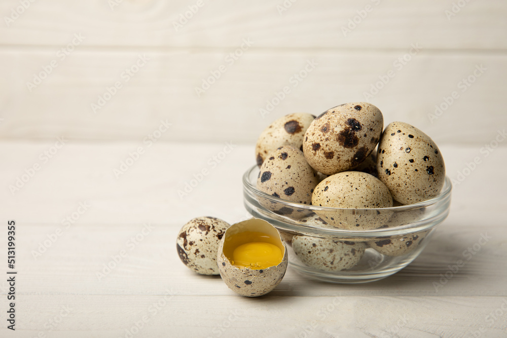 Quail eggs on a white texture background. Whole and broken quail eggs. Natural products. Place for text. Fresh quail eggs. Quail eggs on a white texture background. Whole and broken quail eggs. Natural products. Place for text. Fresh quail eggs.