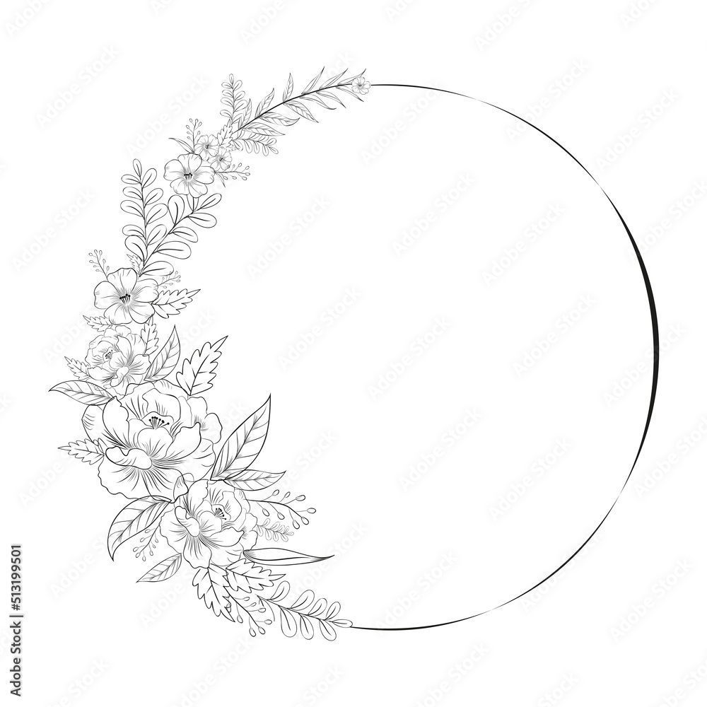 Flower wreath line art black and white illustration Stock Vector