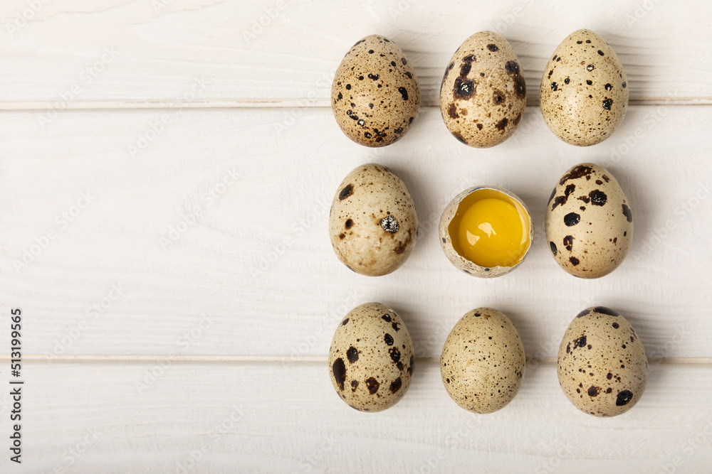 Quail eggs on a white texture background. Whole and broken quail eggs. Natural products. Place for text. Fresh quail eggs. Quail eggs on a white texture background. Whole and broken quail eggs. Natural products. Place for text. Fresh quail eggs.