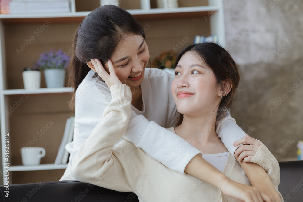 Two beautiful Asian women in a homosexual relationship, queer, gay couple, advocating sexual independence and pride in LGBTQ. Lgbt and love relationship. Supporters of the LGBT community.