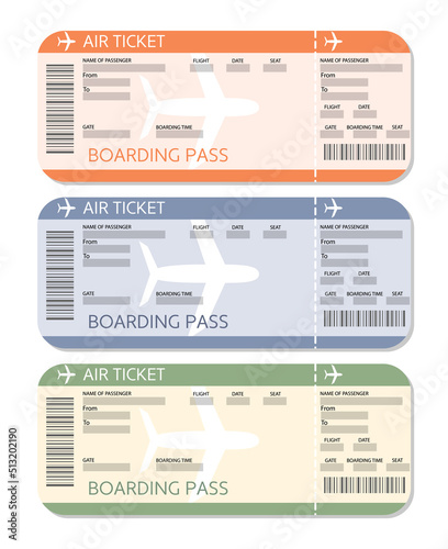 Vector image set of airline boarding pass tickets with barcode