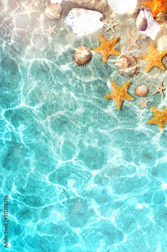 Fototapeta Naklejka Na Ścianę i Meble -  Starfish and seashells on the summer beach in sea water. Summer blue background. Summer time