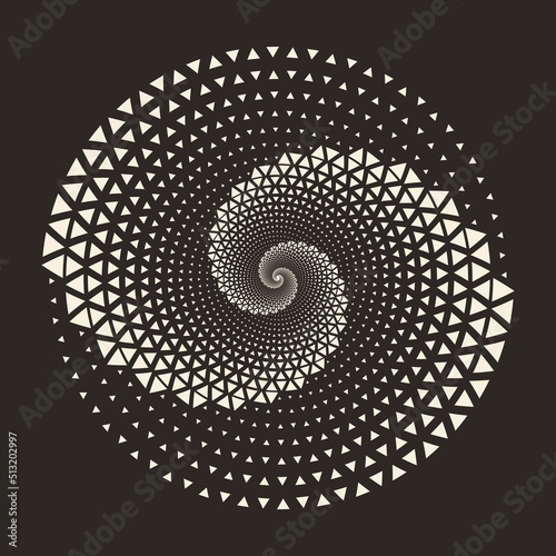 White color triangles in circle spiral as background or icon, logo, tattoo. Yin and yang symbol.