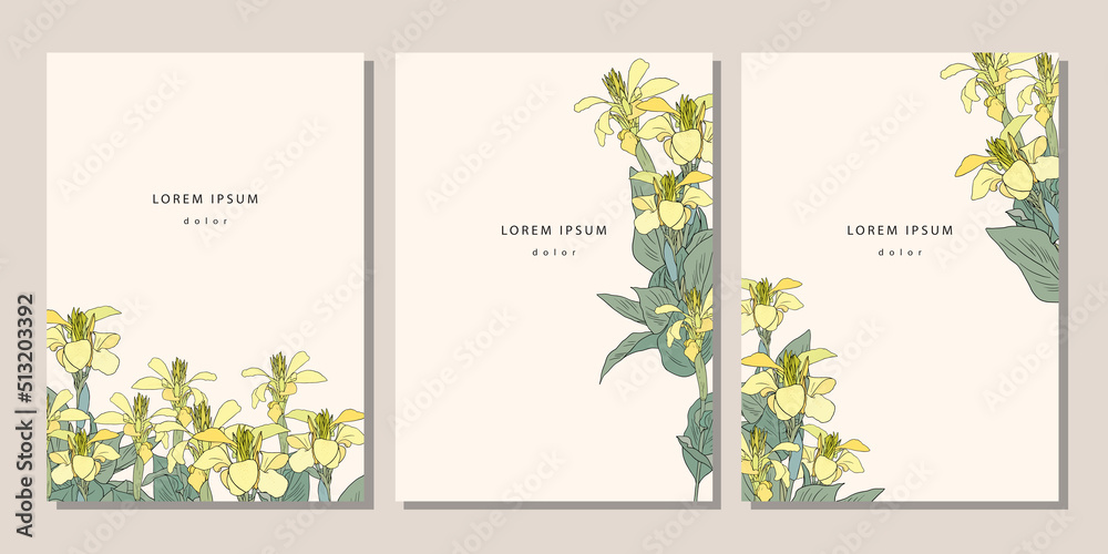 Set of templates with yellow canna lily. Covers, posters with floral pattern elements - obrazy, fototapety, plakaty 