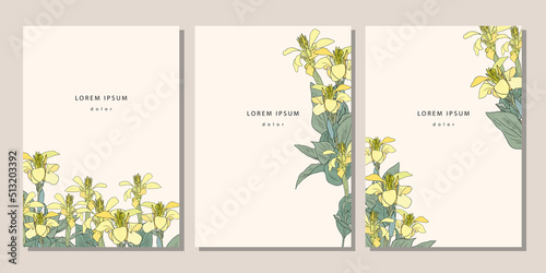 Set of templates with yellow canna lily. Covers  posters with floral pattern elements