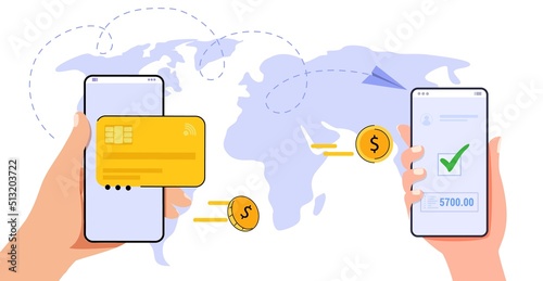 Money transfer online Global mobile financial transaction Transfer money across world with mobile phone Digital payments Hands holding phone transfer app vector illustration Internet banking concept