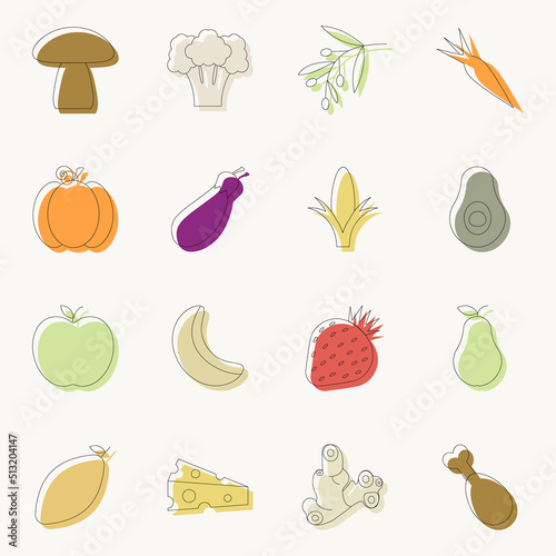 Fototapeta Naklejka Na Ścianę i Meble -  Set of linear fruit and vegetable icons vector
