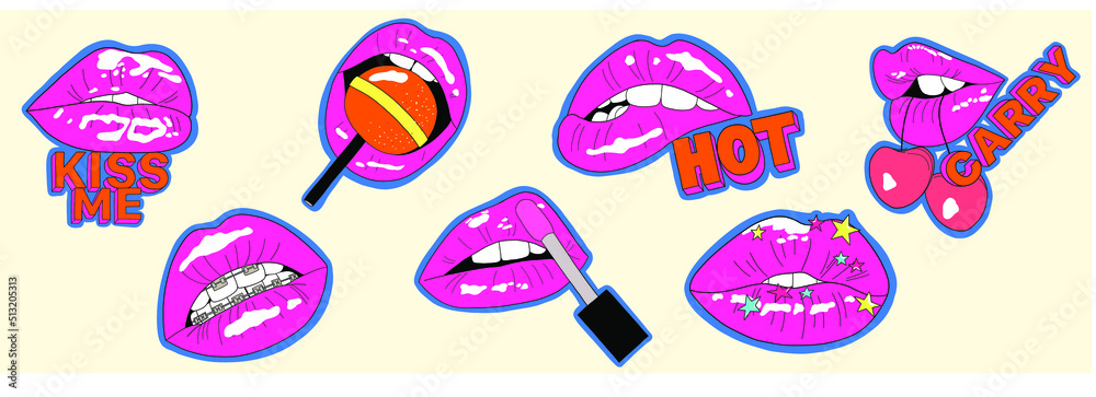 Funny comic cute lips sticker set. Modern illustration for poster, postcard or background. Pop art lips vector illustration