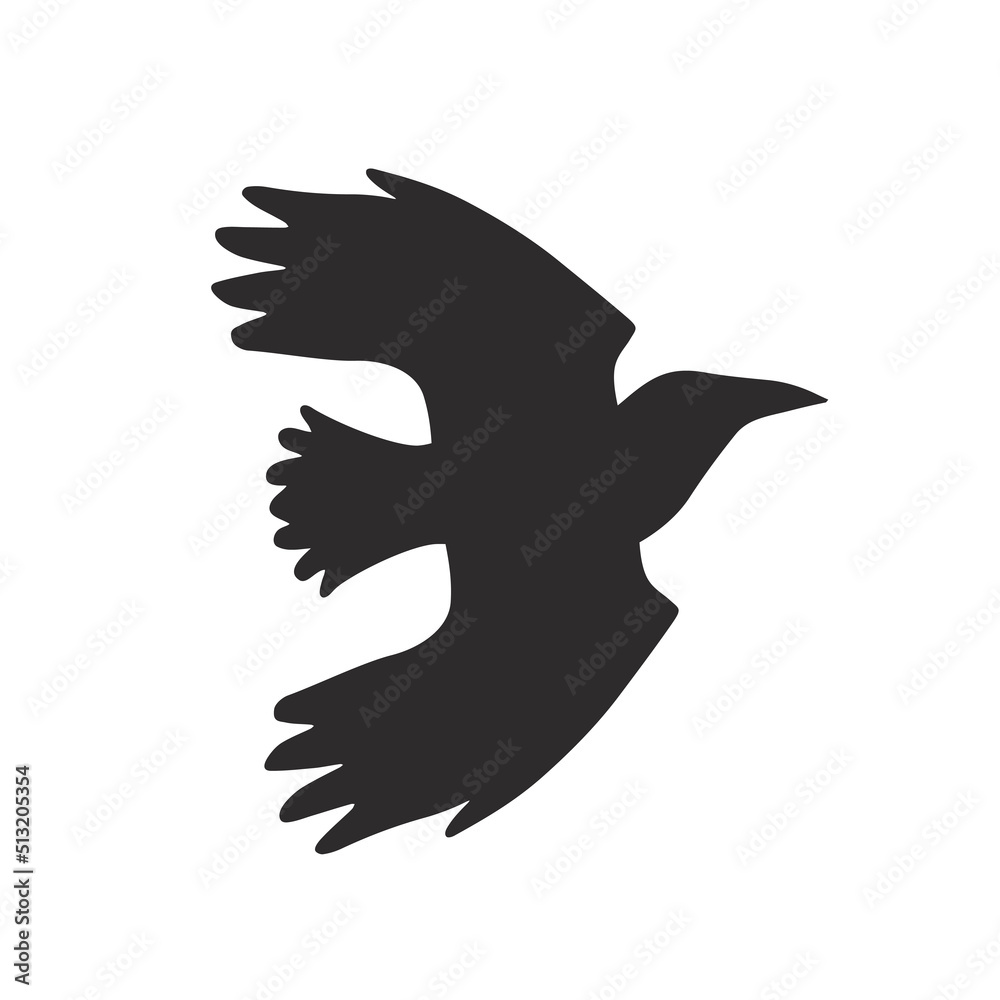 Raven tattoo. Silhouette of a bird. A flying crow in a flat style. Raven tattoo. Silhouette of a bird. A flying crow in a flat style.