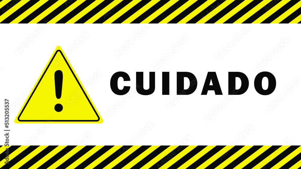 caution notice with yellow and black stripes background. caution in Portuguese caution notice with yellow and black stripes background. caution in Portuguese