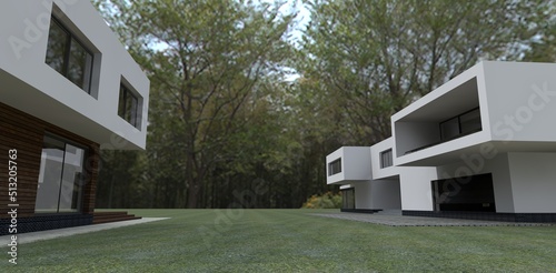 Good for resources about contemporary real estate design. Hihg tech design houses in a forest. 3d render photo