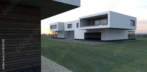 Sunset behind a luxury house in a village. 3d rendering. Good for real estate websites. 