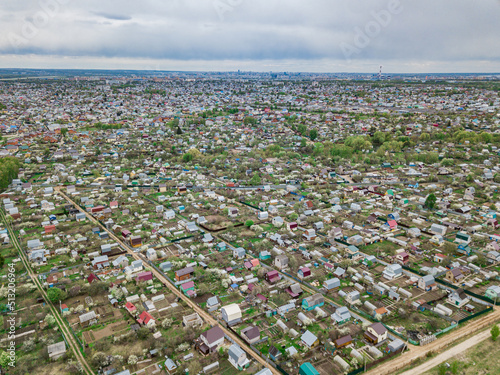 An aerial view of the suburban area of Kazan. Dacha plots. Suburban real estate. 