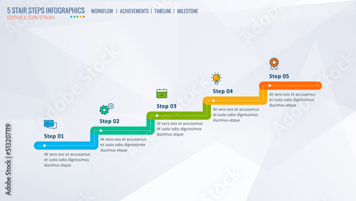 Stair steps, Achievement Ladder, Timeline Infographics template, Start-up levels. Business leadership, concept with 6 process steps, Editable stroke