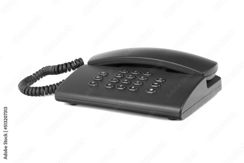 Schwarzes analoges Telefon freigestellt / isoliert vor weißem Hintergrund Schwarzes analoges Telefon freigestellt / isoliert vor weißem Hintergrund