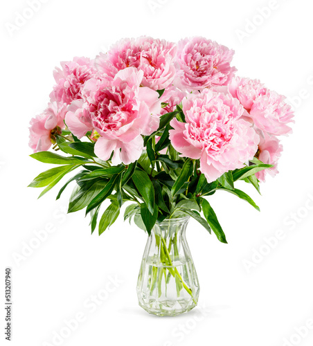 Pink peony flowers in glass vase isolated on white background. Bouquet of peonies. © Tatyana Sidyukova