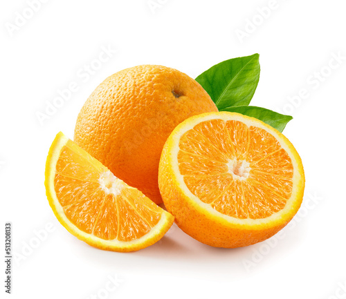 Tasty orange with half of orange and orange slice isolated on white background.
