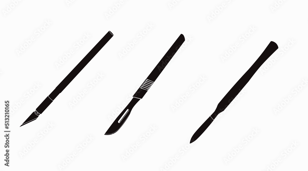 Scalpel Set. Vector Black and White Isolated Set of Scalpels Scalpel Set. Vector Black and White Isolated Set of Scalpels