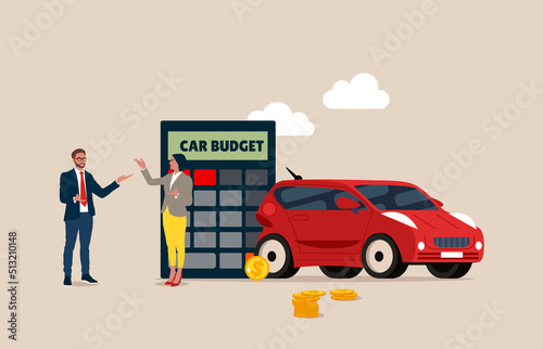 Car budget. Businesswoman and man standing with car budget on calculator and stack of coins.