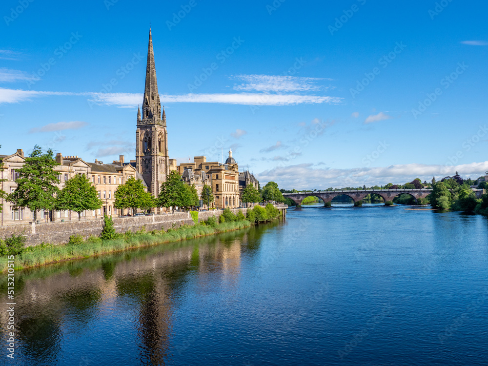 Perth City Centre and River Tay with St Matthews Church reflecting in the River Tay, Scotland