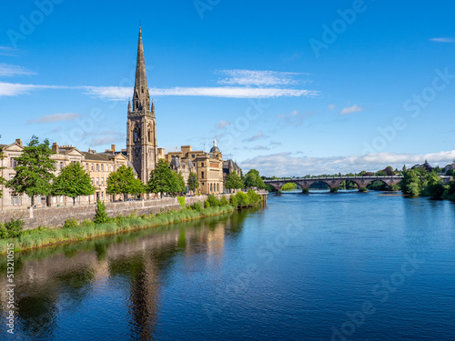 Perth City Centre and River Tay with St Matthews Church reflecting in the River Tay, Scotland