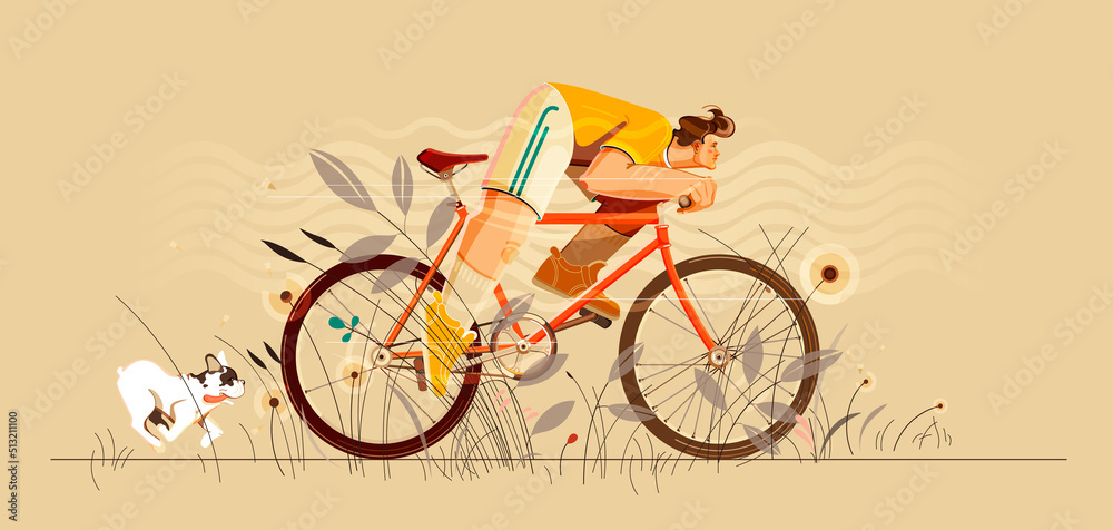 Fototapeta premium Man bicycles through tall grass and dog running after with his tongue hanging out. Modern flat cartoon vector illustration for poster, banner, card, postcard, event icon logo or badge.