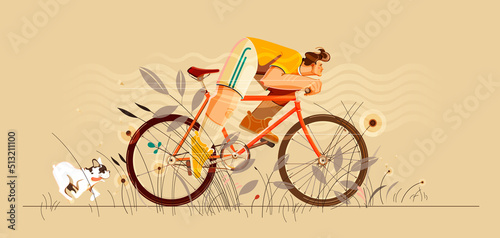 Man bicycles through tall grass and dog running after with his tongue hanging out. Modern flat cartoon vector illustration for poster, banner, card, postcard, event icon logo or badge.