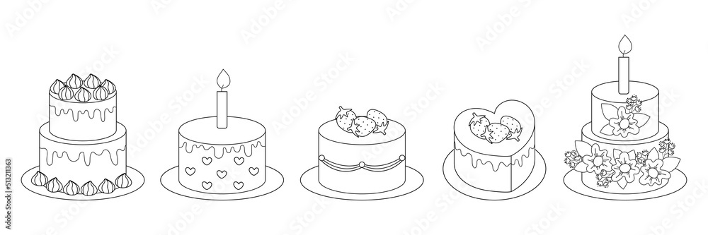 Cake dessert thin line icon set. Outline web sign kit of sweet food. Birthday party linear icons. Simple cupcake contour symbol on white. Vector Illustration Cake dessert thin line icon set. Outline web sign kit of sweet food. Birthday party linear icons. Simple cupcake contour symbol on white. Vector Illustration
