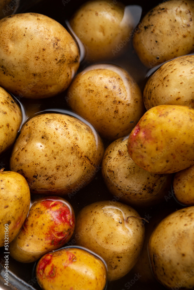 Overhead view of fresh organic potatoes in bowl with water Overhead view of fresh organic potatoes in bowl with water