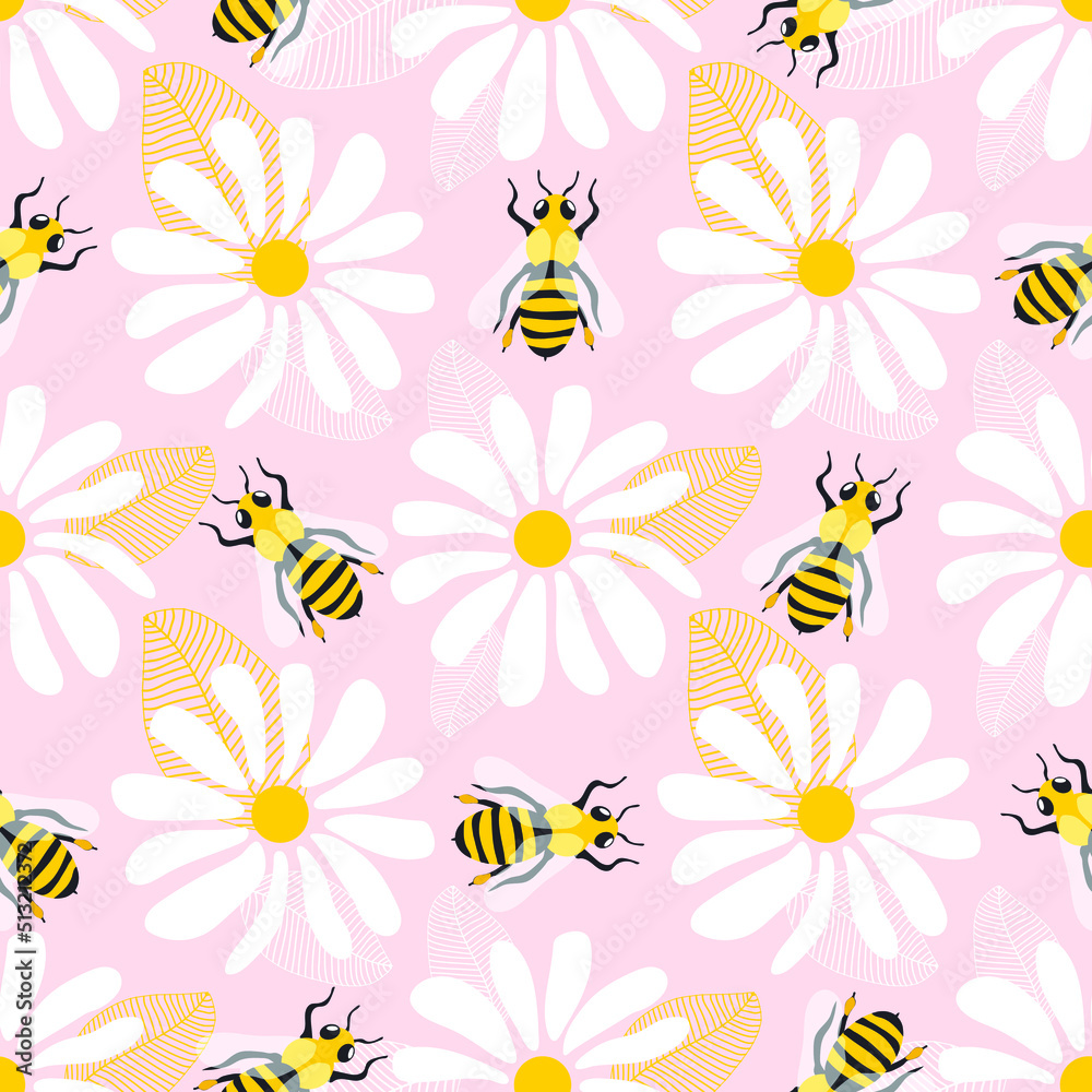 Wild chamomile flowers and honey bees. Seamless summer pattern with big white flowers and insects on a pink background. For printing on modern fabrics. Vector.