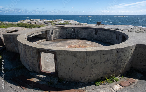 Sandefjord, Norway - May 25, 2022: The Vesteroya Fortress was a German coastal battery.An underground tunnel system, trenches, shelters and casemates were constructed here. Selective focus. photo