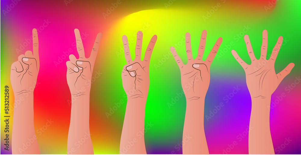 Hands counting by showing fingers. Nmbers shown by hands. Cartoon style isolated elements. Trendy hand icons. Counting on fingers.