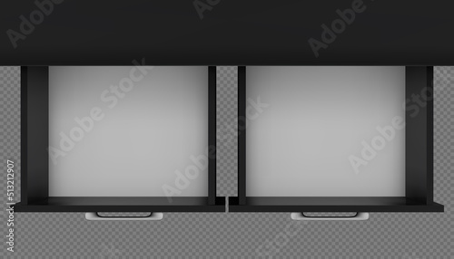 Top view of two black empty open side by side drawers of cabinet, cupboard or nightstand. Vector mockup of 3D rendered furniture. Interior office or living room object