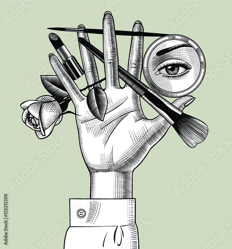 Female hand palm with makeup brushes, round mirror with aye reflection, lipstick and rose flower