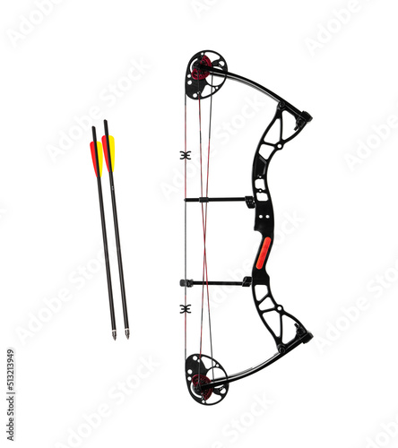Modern, compound hunting bow. An ancient weapon with a modern twist. Isolate on a white back.