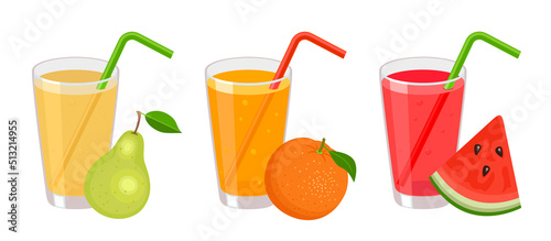Juice set. Vector cartoon illustration of sweet watermelon, orange and pear with tube for drinking. Taking natural vitamins. Summer drink flat icon.